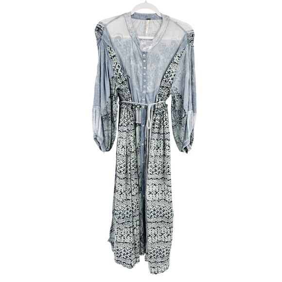 Free People Oh My Blue Mix Print Long Sleeve Button Front Midi Dress Size Small - Picture 2 of 7